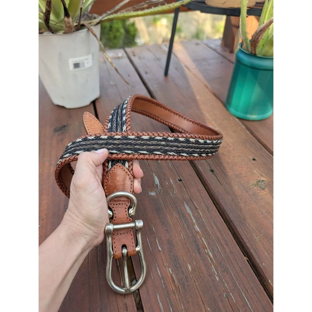 Willis & Geiger Braided Horsehair Woven Brown Leather Belt Silver Buckle 36
